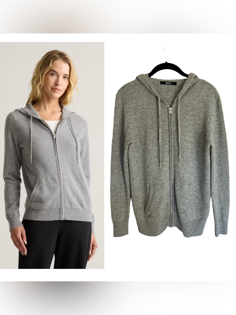 Quince Mongolian cashmere full zip hoodie lightweight relaxed sweater grey sz XS